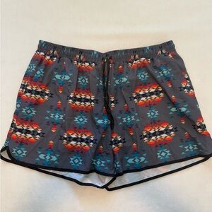 Gray Aztec-Print Athletic Shorts with Turquoise & Red Accents